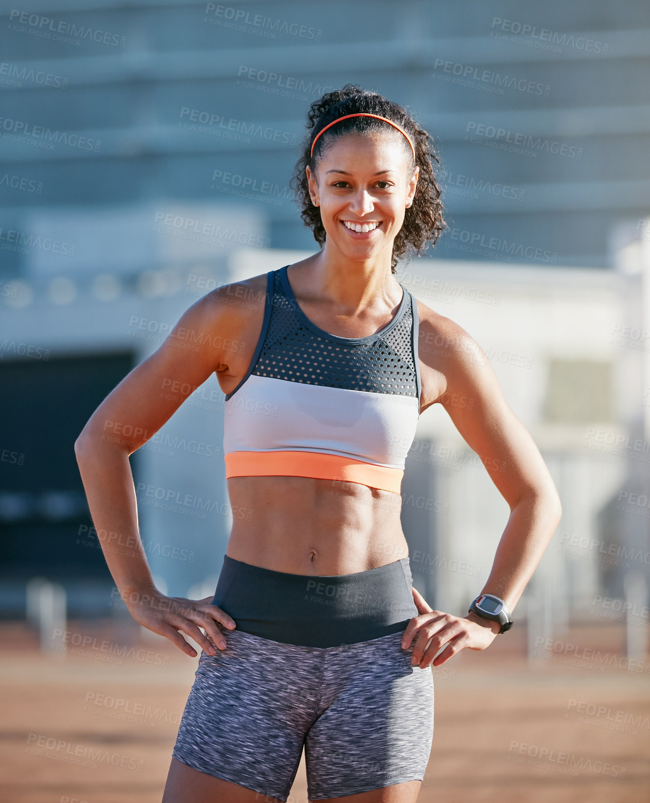 Buy stock photo Portrait, stadium and woman with confidence for fitness, morning training and running practice break. Pride, cardio sport and African athlete with smile in arena, physical activity and workout pause