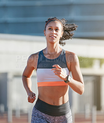 Buy stock photo Running, athlete and woman in city, thinking and workout routine for competition, sport and fitness. Outdoor, runner and African person with smile for cardio, exercise and getting ready for marathon