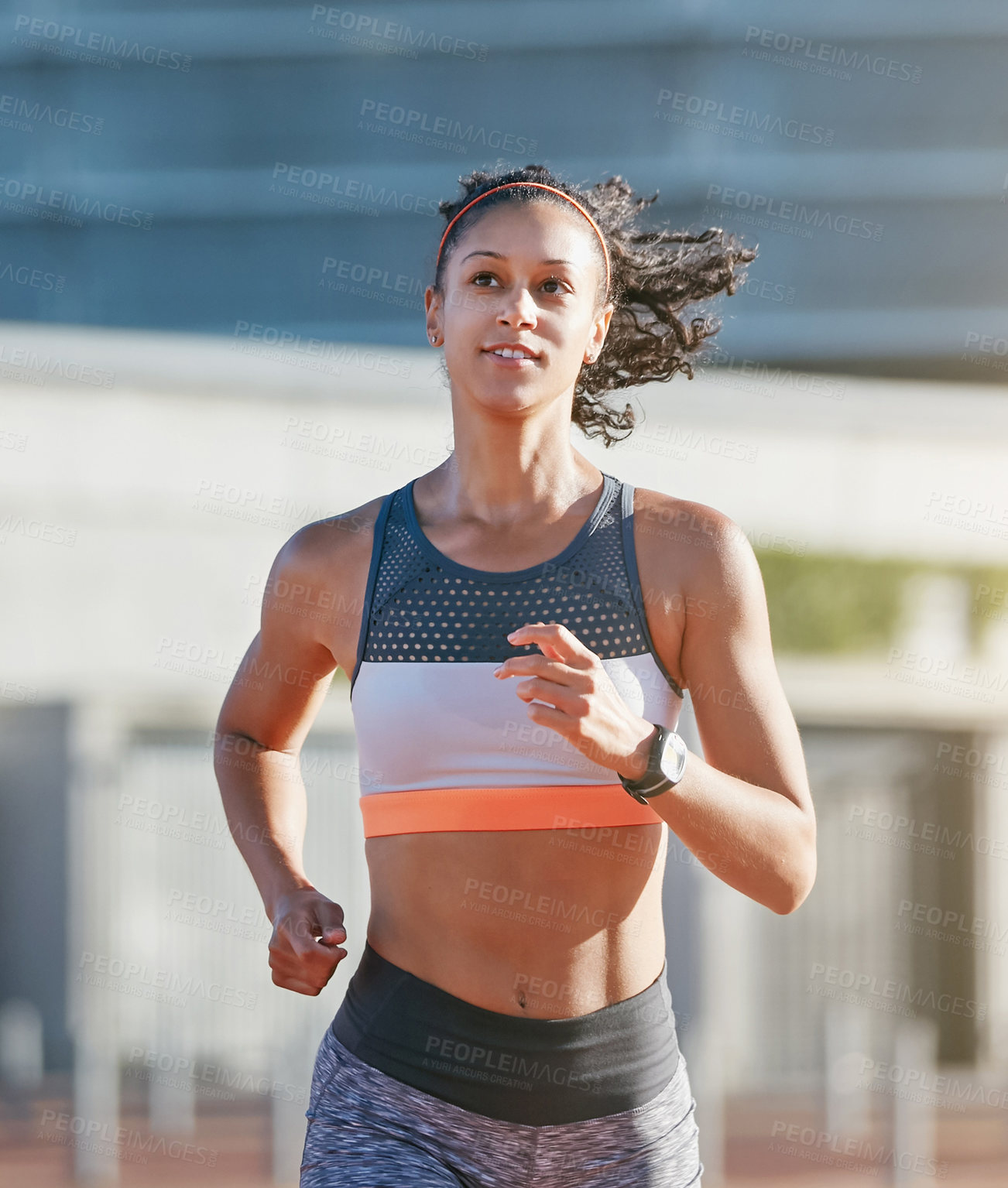 Buy stock photo Running, athlete and woman in city, thinking and workout routine for competition, sport and fitness. Outdoor, runner and African person with smile for cardio, exercise and getting ready for marathon