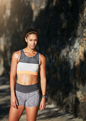 Buy stock photo Woman, portrait and outdoor for fitness with health, training or athlete with sportswear for cardio in road. Female person, runner or sports in exercise outfit for physical activity in nature