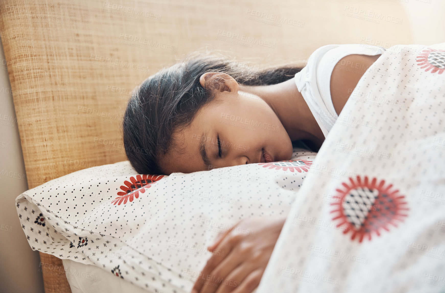 Buy stock photo Nap, relax and kid in bedroom with comfort, stress relief and peaceful rest on weekend break. Exhausted, sleeping and child in house with unwind, cozy under blanket and dreaming on Sunday morning.