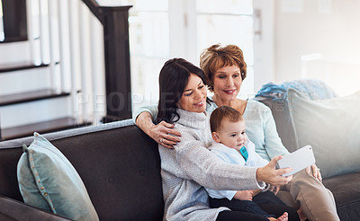 Buy stock photo Baby, granny and mother with selfie on sofa in living room of home for bonding or memories together. App, camera and hug with happy family in apartment for love, social media post or wellness