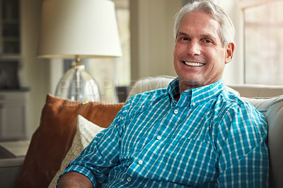 Buy stock photo Smile, portrait and calm with old man on sofa in home for weekend break, comfortable and morning rest. Happiness, relax and me time with senior person in living room of apartment for retirement