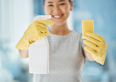 Buy stock photo Cleaning service, product and woman with spray bottle, sponge and gloves for advertising or marketing in a bathroom, kitchen or house. Happy cleaner with success job for housekeeping liquid detergent