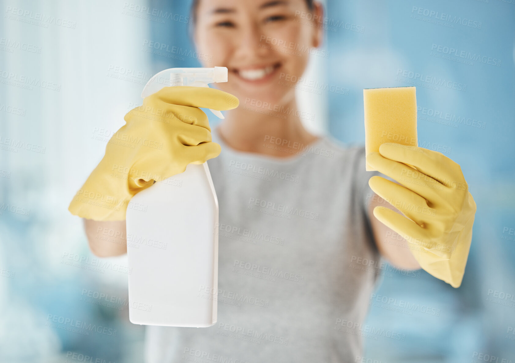 Buy stock photo Cleaning service, product and woman with spray bottle, sponge and gloves for advertising or marketing in a bathroom, kitchen or house. Happy cleaner with success job for housekeeping liquid detergent