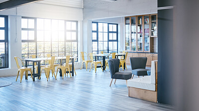 Buy stock photo University, space and study lounge interior design for educational workspace with natural sunlight. Empty and spacious college learning room for studying with literature books collection in bookcase.