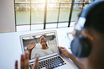 Laptop, virtual study meeting and students working on a university project together online. Elearning, collaboration and people greeting on a video call for academic work and discussion on a computer