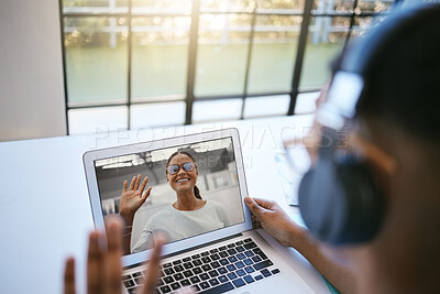 Buy stock photo Laptop, virtual study meeting and students working on a university project together online. Elearning, collaboration and people greeting on a video call for academic work and discussion on a computer