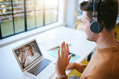 Buy stock photo B2B virtual video call, students and laptop screen with hello wave in meeting, teaching or online learning. Excited international elearning people, friends on zoom call for team knowledge networking