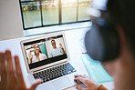 Student video call, webinar or presentation meeting with laptop, headphone or computer for networking, communication or teamwork. Remote students on online zoom for group, education or school project