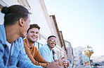 Friends on balcony, London people relax in city summer sunset lifestyle and party joke by funny young man. Happy gen z men talking by terrace, outdoor apartment weekend and friendship smile together