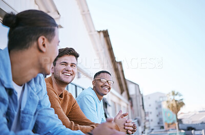 Buy stock photo Friends on balcony, London people relax in city summer sunset lifestyle and party joke by funny young man. Happy gen z men bonding by terrace, outdoor apartment weekend and friendship smile together