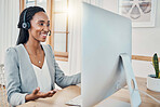 Telemarketing, computer video call and black woman consulting, give sales pitch or doing work from home. Happy, headset and remote call center consultant in communication for online help desk support