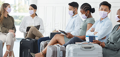 Buy stock photo Face mask, covid or business people in airport terminal travel in safety healthcare law. Vacation, luggage or tourist in covid 19 safety in immigration, medical security or international traveling
