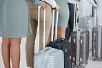 Travel, suitcase luggage and people in a airport line for vacation or immigration. Business traveler trip of women and men airline staff on a corporate retreat ready for plane traveling with bags 