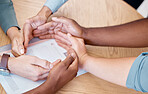 Teamwork, collaboration and circle of hands for diversity, business mission and support employees for synergy and collaboration at table. Team, project and people together for innovation and trust