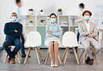 Covid face mask, social distancing or busy office men or woman with arms crossed, safety compliance or virus security. Portrait, business people diversity or covid 19 healthcare in job interview line