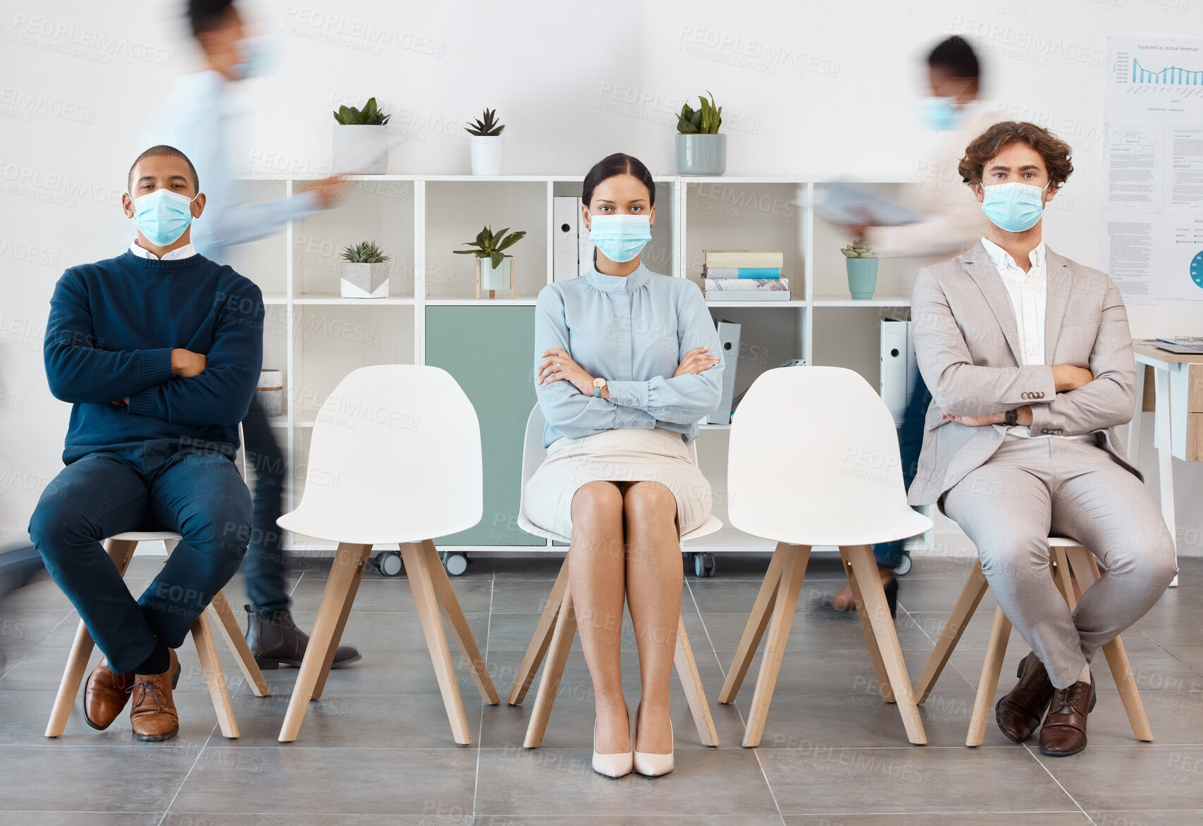 Buy stock photo Covid face mask, social distancing or busy office men or woman with arms crossed, safety compliance or virus security. Portrait, business people diversity or covid 19 healthcare in job interview line