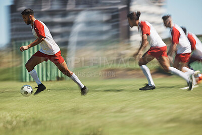 Buy stock photo Soccer, team sports game and teamwork of men busy with football collaboration and workout. Fitness, training and healthy exercise of an healthy athlete ground with fast energy running with a ball
