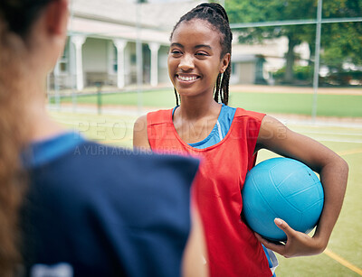 Buy stock photo Netball, sports and black woman team talking and smile for congratulations, thank you or welcome to the international game. Fitness, teamwork and collaboration women meeting with competition kindness