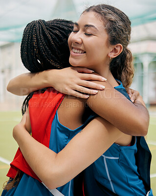 Buy stock photo Sport, hug and student girl game match showing support, trust and teamwork on a outdoor field. Student soccer or netball player with a happy smile show diversity and congratulations together