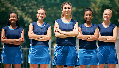 Buy stock photo Sport, fitness and girl netball team portrait on the court, teamwork and athlete exercise together outdoor. Sports motivation, workout and diversity, ready for game with healthy active lifestyle.