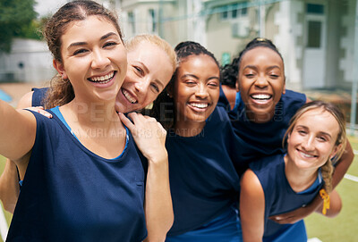 Buy stock photo Sports, netball team and selfie of women ready for game, match or competition on court outside. Fitness, smile or self portrait of players for happy memory or social media post online after training