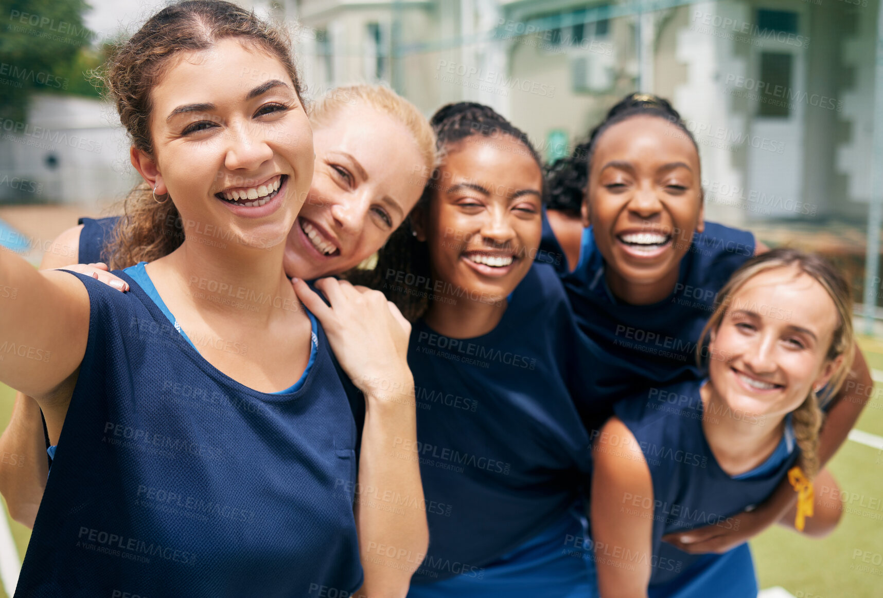 Buy stock photo Sports, netball team and selfie of women ready for game, match or competition on court outside. Fitness, smile or self portrait of players for happy memory or social media post online after training