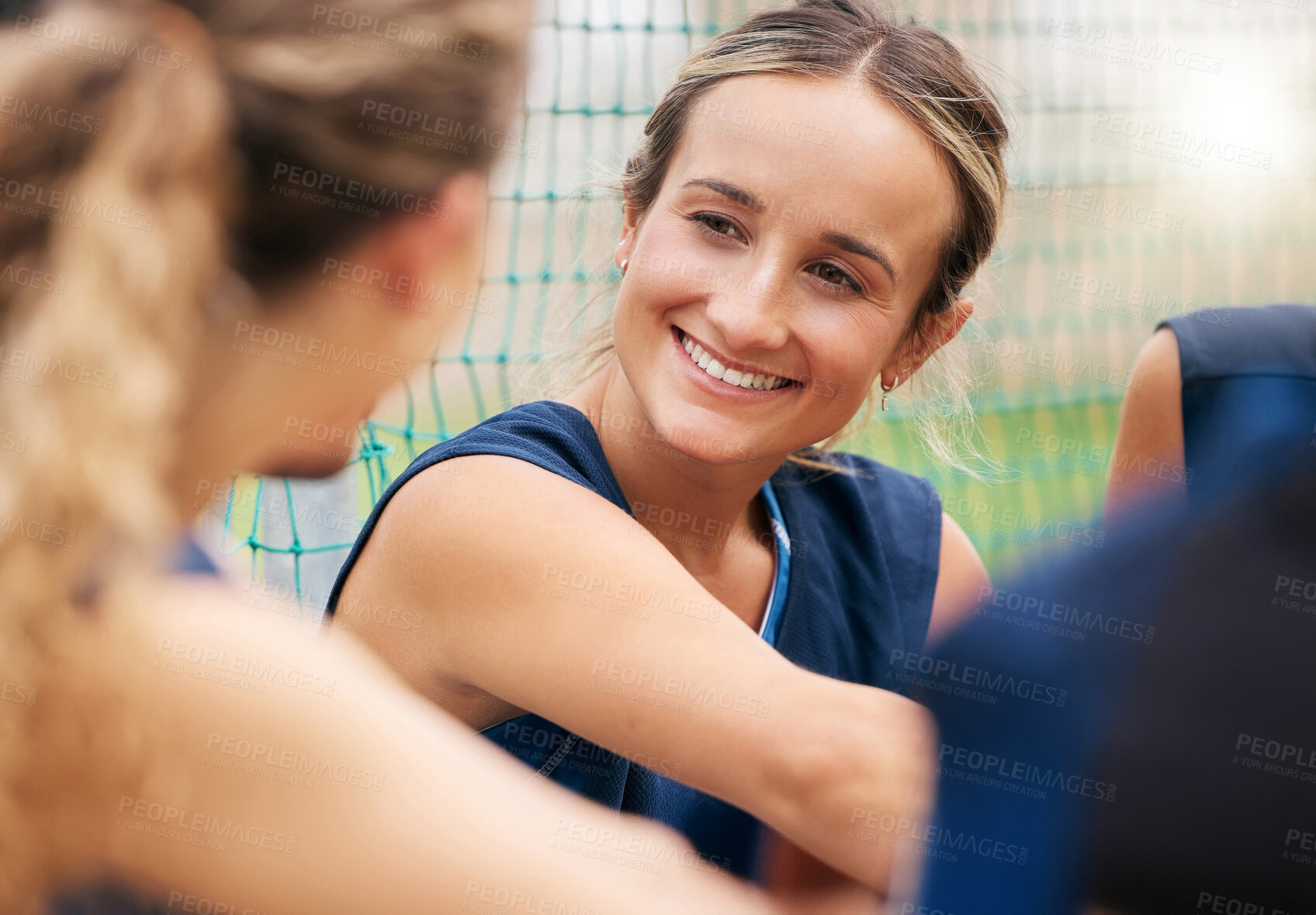 Buy stock photo Women, friends or bonding on fitness court in workout break, training exercise or netball game, match or competition. Happy smile, sports player students or winner strategy planning in team building