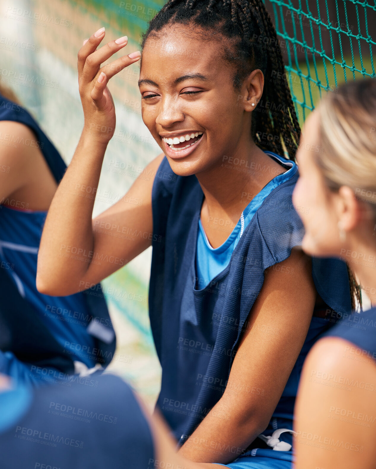 Buy stock photo Woman, laughing or bonding on sports court with netball community friends or people in diversity team building exercise. Happy smile, black person or athlete and fitness students in wellness training