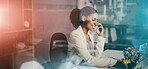 Business, phone call and black woman in international communication with client for networking, b2b or contact. Corporate, virtual assistant or receptionist talking on smartphone and typing on pc