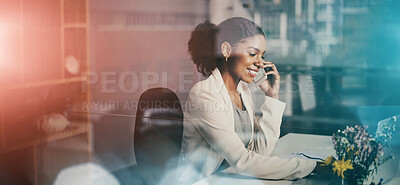 Buy stock photo Business, phone call and black woman in international communication with client for networking, b2b or contact. Corporate, virtual assistant or receptionist talking on smartphone and typing on pc