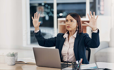 Buy stock photo Hands, invisible screen and business woman in office with virtual, tech and futuristic hologram for ai or programming work Ux, innovation and entrepreneur in corporate workplace with cyber dashboard