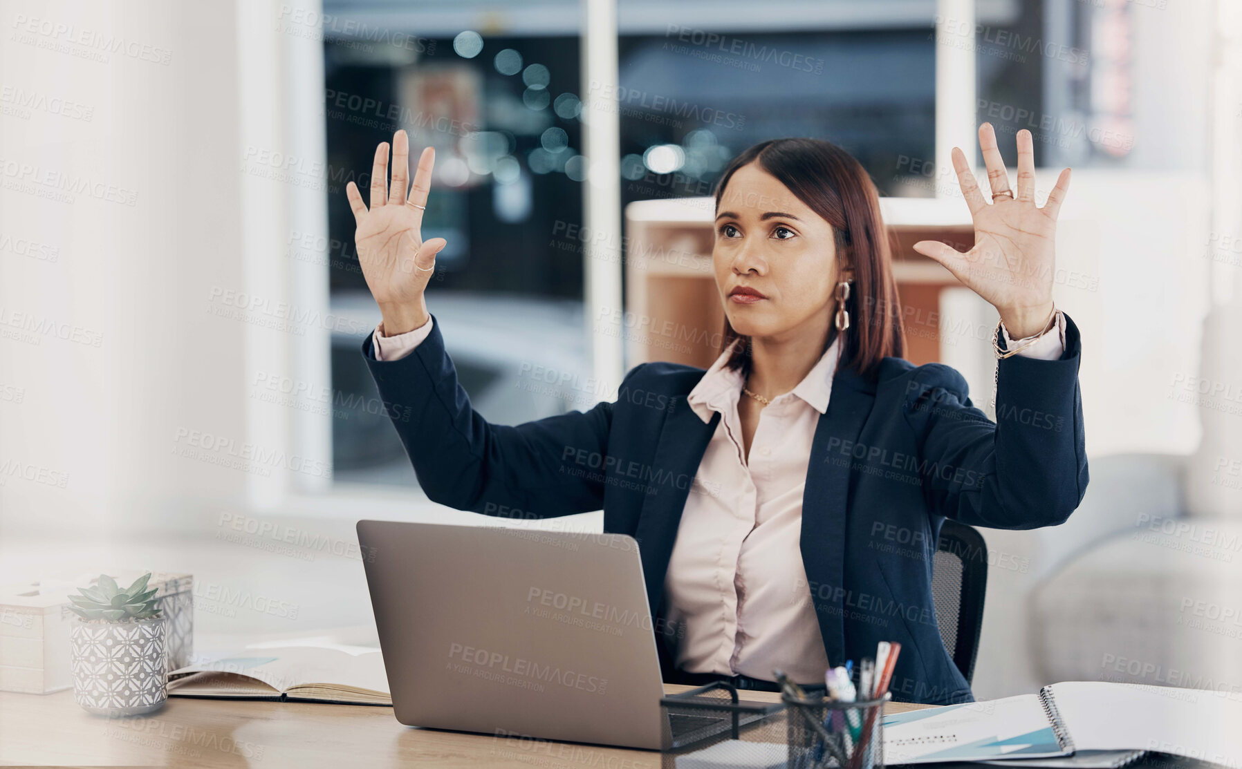 Buy stock photo Hands, invisible screen and business woman in office with virtual, tech and futuristic hologram for ai or programming work Ux, innovation and entrepreneur in corporate workplace with cyber dashboard