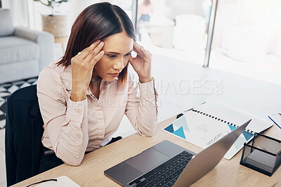 Buy stock photo Business, laptop and woman with burnout, headache and depression with a deadline, glitch and stress. Person, worker and employee with a pc, migraine and mental health with tension, strain and anxiety