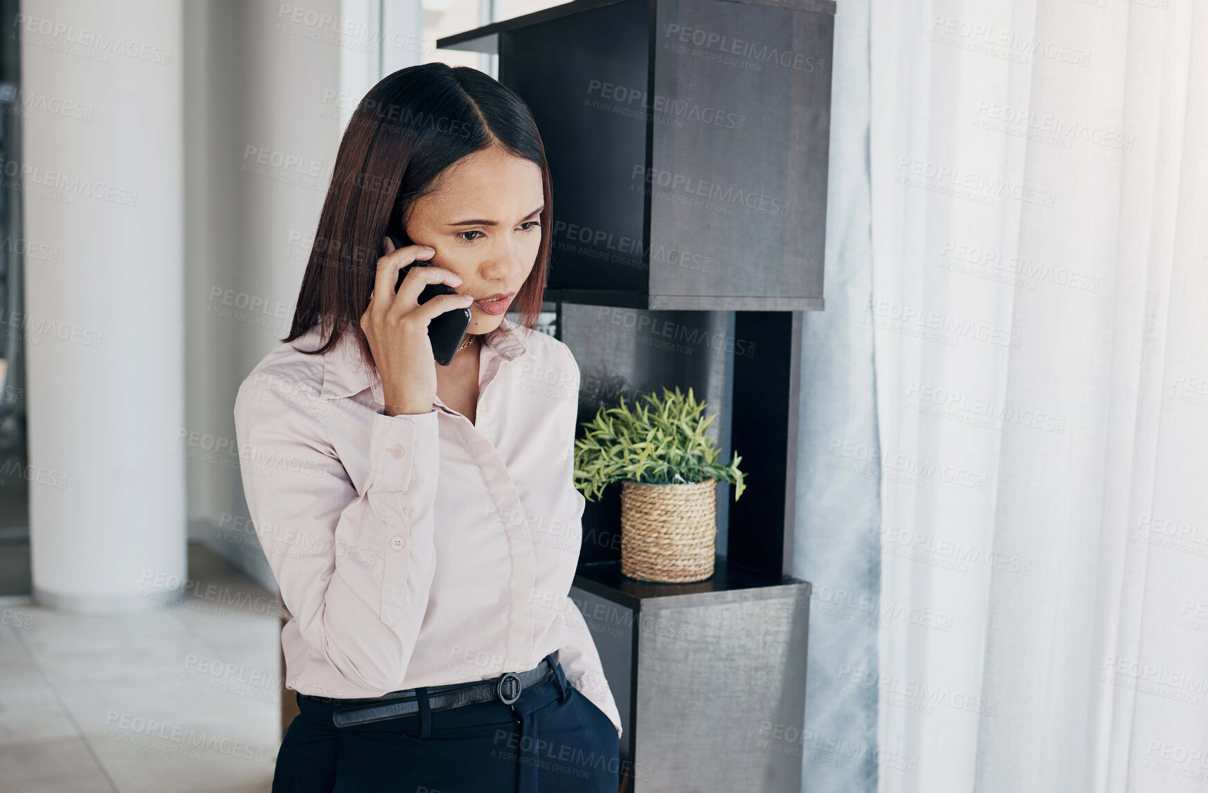 Buy stock photo Business, phone call and woman in home and thinking of problem solving solution or professional planning with client. Corporate, communication and entrepreneur talking in apartment with b2b contact