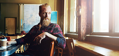 Buy stock photo Window, customer and man in coffee shop, waiting and thinking of late date, serious and hospitality. Consumer, reflection and person with latte in cafe, break and thoughtful for appointment delay