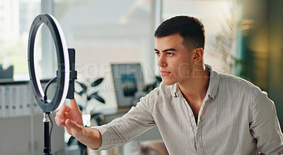 Buy stock photo Man, light and phone for live stream in home, hand for notification with internet. Online, male influencer and broadcast in house with mobile app, creative review for audience with media technology