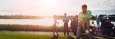 Buy stock photo Golf, man and playing on course with people for morning fitness, competition match and sport hobby. Banner, golfer club and player with swing stance on field for practice, flare and game at sunrise