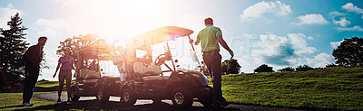 Buy stock photo Golf course, friends and group with cart, sunrise and happy for competition, conversation or bonding. Outdoor, golfers and people with vehicle, space and smile for friendly match, flare and banner