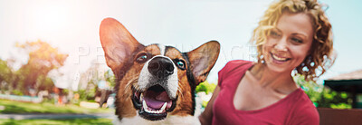Buy stock photo Happy woman, dog and pet care in park with connection, loyalty and bonding together on summer holiday. Banner, female person and Corgi puppy outdoor with kindness, love or companion on weekend break.