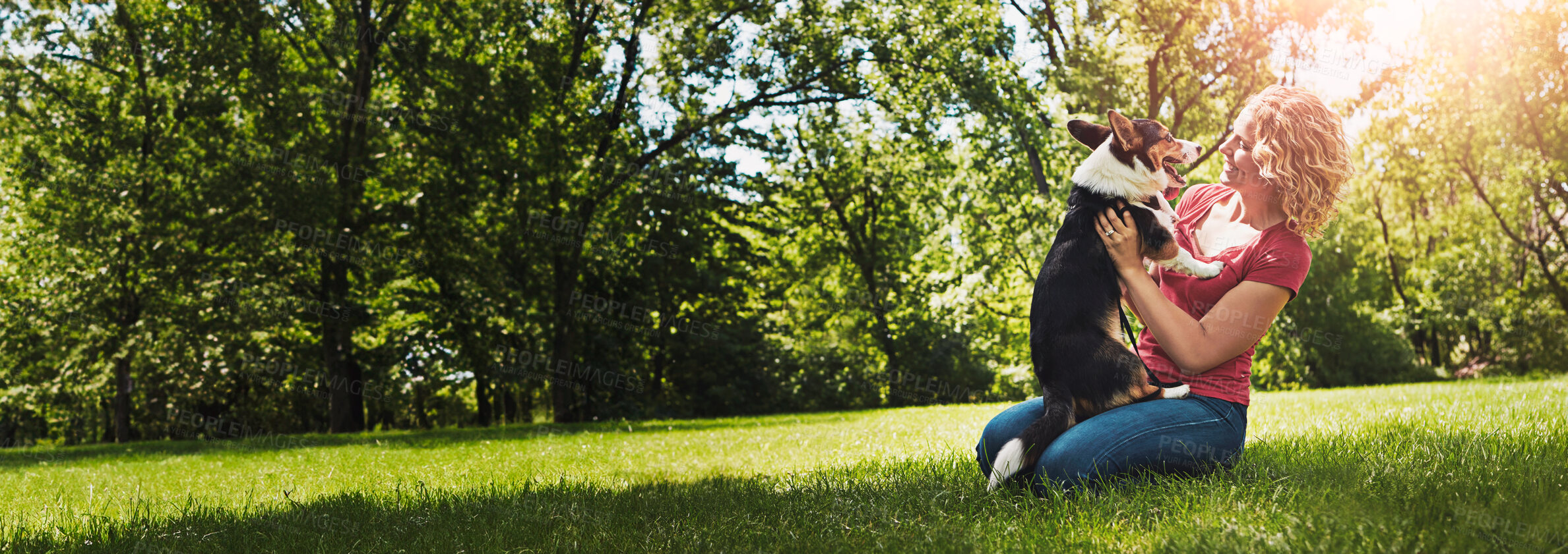 Buy stock photo Cuddle, flare or playful with dog and woman outdoor together for animal care, bonding or loyalty. Banner, grass field or space and pet owner playing with corgi puppy on lawn in park for wellness