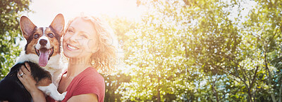 Buy stock photo Happy woman, dog and embrace outdoor with connection, companion or bonding together on summer holiday. Banner, space or flare for bokeh, female person smile and Corgi puppy with hug on weekend break.