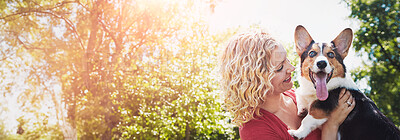 Buy stock photo Love, playing and woman with dog in nature for bonding, connection or adoption together. Lens flare, banner and female person with corgi puppy, animal or pet for fun and companionship outdoor in park