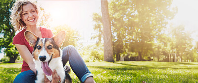 Buy stock photo Portrait, happy woman and dog in park with loyalty, protection and bonding together on summer holiday. Banner, person and Corgi puppy outdoor with kindness, pet care and companion on weekend break.