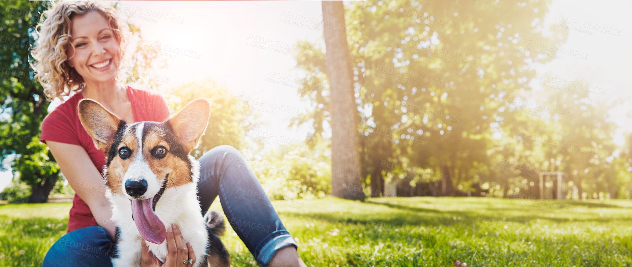 Buy stock photo Portrait, happy woman and dog in park with loyalty, protection and bonding together on summer holiday. Banner, person and Corgi puppy outdoor with kindness, pet care and companion on weekend break.