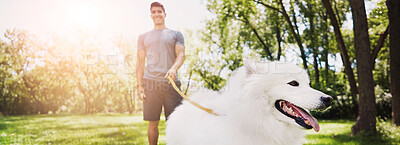 Buy stock photo Happy man, playing and walking with dog in nature for outdoor bonding or fresh air on banner. Male person, pet owner and smile with leash, lens flare or love for freedom or adventure in woods or park