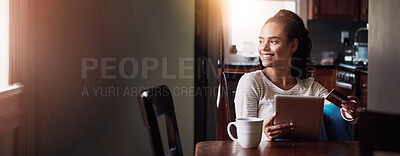 Buy stock photo Credit card, tablet and thinking with woman in home for break, online shopping payment or sale. App, banner and coffee with thoughtful customer at desk in apartment for ecommerce or purchase