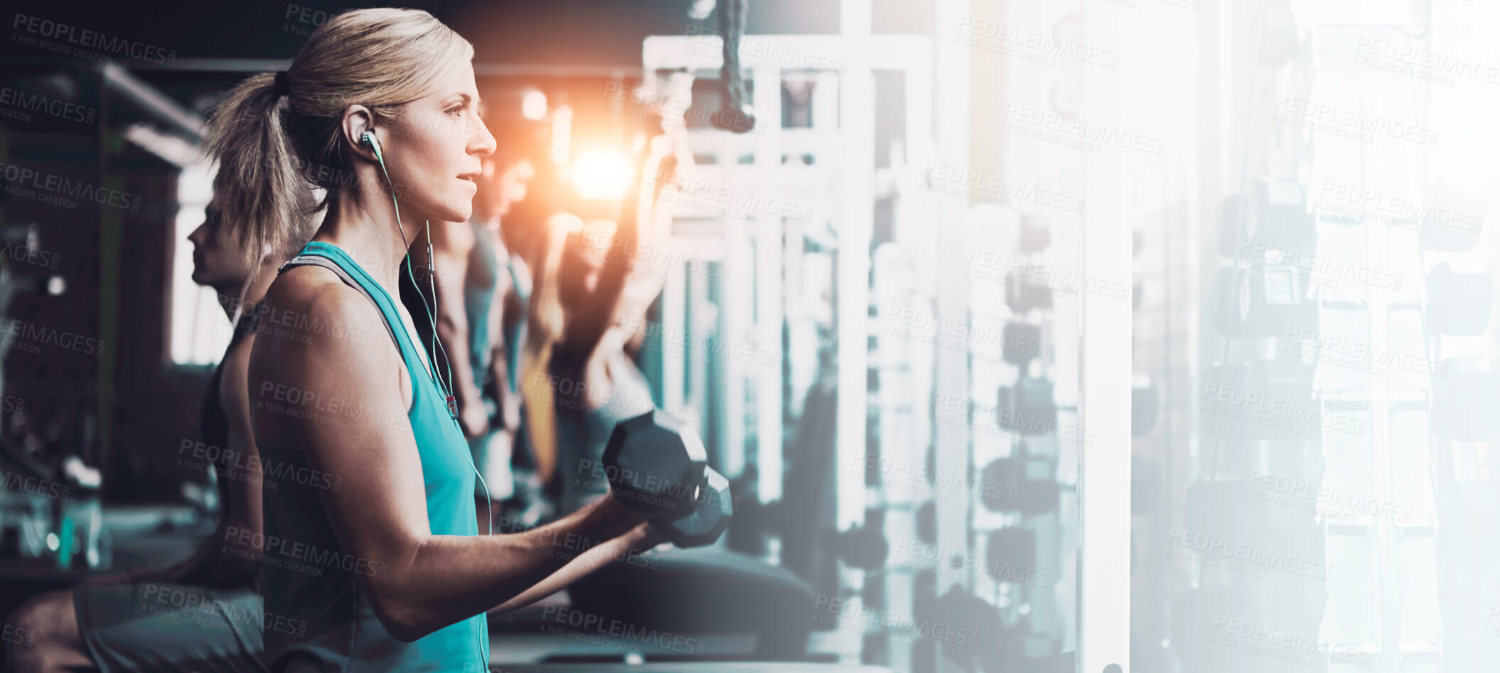 Buy stock photo Music, exercise and woman with dumbbells for fitness, strength training and bodybuilder in gym. Earphones, bicep curls or person weightlifting for workout, muscle development or flare on banner space