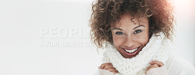 Buy stock photo Happy woman, portrait and winter with fashion in studio for warmth or comfort on a white background. Female person, model or smile on banner with fabric scarf for clothing or style on mockup space